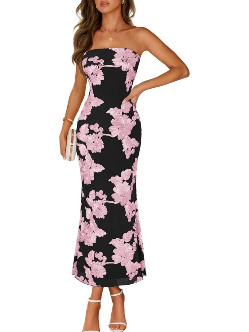 Women's Floral Strapless Maxi Dress Peach Summer Mesh Bodycon Formal Dress